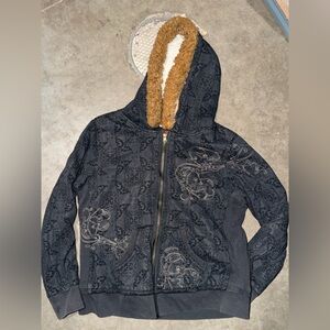 Y2K Vintage Emo Vanity Black Jacket Sherpa Faux Fur Hood